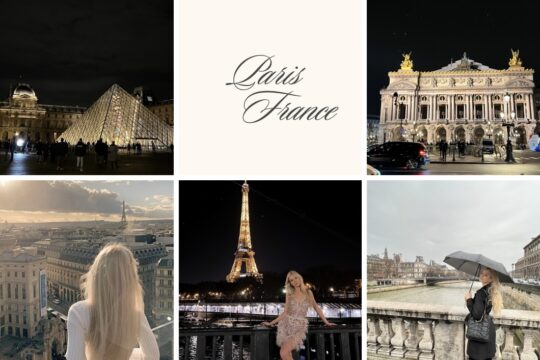New Year’s Eve in Paris collage with Eiffel Tower, Christmas lights, city streets and winter vibes